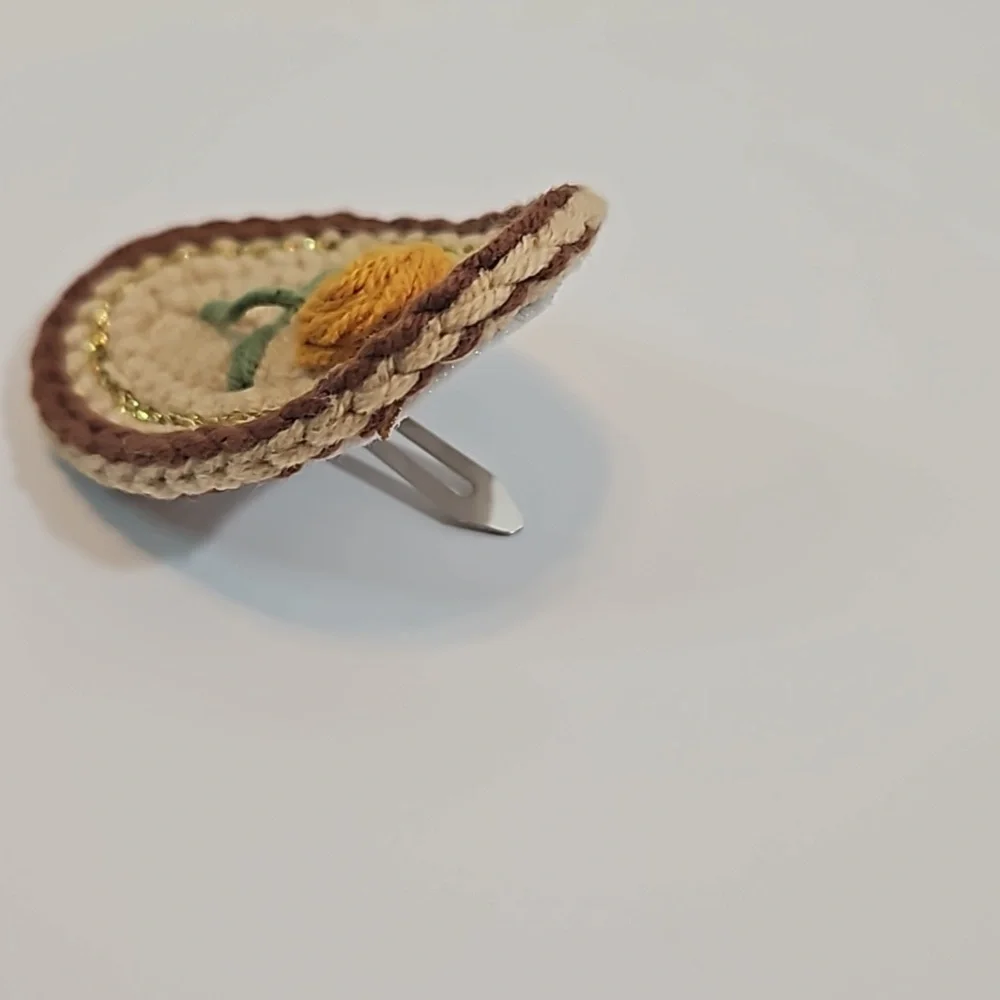 Hand Crafted Hand Knit Crochet Hair Clip Handmade embroidery yellow rose beige